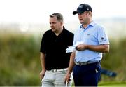 3 July 2019; Wexford hurling manager Davy Fitzgerald, left, with Jamie Donaldson of Wales during the Pro-Am round ahead of the Dubai Duty Free Irish Open at Lahinch Golf Club in Lahinch, Co. Clare. Photo by Ramsey Cardy/Sportsfile