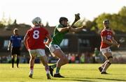 3 July 2019; Ronan Connolly of Limerick blocks a pass by Tommy O'Donnell of Cork during the Bord Gais Energy Munster GAA Hurling Under 20 Championship Quarter-Final match between Cork and Limerick at Páirc Uí Rinn in Cork. Photo by Eóin Noonan/Sportsfile