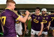 3 July 2019; Cathal O'Connor, centre, celebrates with Wexford team-mates, Ben Maddock, left, and Orán Carthy following the Bord Gais Energy Leinster GAA Hurling U20 Championship Semi-Final match between Offaly and Wexford at Bord na Mona O'Connor Park in Tullamore, Offaly. Photo by Sam Barnes/Sportsfile