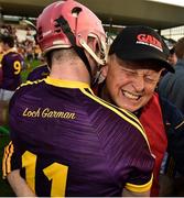 3 July 2019; Wexford manager MJ Reck celebrates with Ross Banville following the Bord Gais Energy Leinster GAA Hurling U20 Championship Semi-Final match between Offaly and Wexford at Bord na Mona O'Connor Park in Tullamore, Offaly. Photo by Sam Barnes/Sportsfile