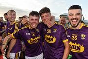 3 July 2019; Wexford players, from left, Eoin O'Leary, James Dempsey and Orán Carthy celebrate following the Bord Gais Energy Leinster GAA Hurling U20 Championship Semi-Final match between Offaly and Wexford at Bord na Mona O'Connor Park in Tullamore, Offaly. Photo by Sam Barnes/Sportsfile