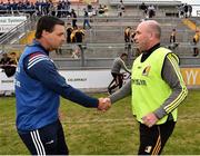 4 July 2019; Kilkenny manager DJ Carey shakes hands with Galway manager Jeff Lynskey after the Bord Gais Energy Leinster GAA Hurling U20 Championship semi-final match between Galway and Kilkenny at Bord na Mona O'Connor Park in Tullamore, Offaly. Photo by Matt Browne/Sportsfile