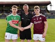 5 July 2019; Referee Patrick McTiernan with Mayo captain Liam Tevnan and Galway captain Alfie Morrison before the Electric Ireland Connacht GAA Football Minor Championship Final match between Galway and Mayo at Tuam Stadium in Tuam, Galway. Photo by Matt Browne/Sportsfile