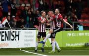 5 July 2019; David Parkhouse of Derry City, centre, celebrates with team-mates Ciaran Harkin, Darren McCauley and Greg Sloggett  after scoring his side's first goal during the SSE Airtricity League Premier Division match between Derry City and Dundalk at the Ryan McBride Brandywell Stadium in Derry. Photo by Oliver McVeigh/Sportsfile