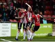 5 July 2019; David Parkhouse of Derry City, centre, celebrates with team-mates Ciaran Harkin, Darren McCauley and Greg Sloggett after scoring his side's first goal during the SSE Airtricity League Premier Division match between Derry City and Dundalk at the Ryan McBride Brandywell Stadium in Derry. Photo by Oliver McVeigh/Sportsfile