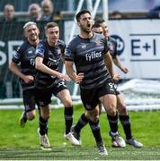 5 July 2019; Pat Hoban of Dundalk, centre, celebrates after scoring his side's second goal during the SSE Airtricity League Premier Division match between Derry City and Dundalk at the Ryan McBride Brandywell Stadium in Derry. Photo by Oliver McVeigh/Sportsfile