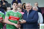 5 July 2019; Ethan Henry of Mayo is presented with his Electric Ireland Man of the Match award by Kevin Molloy, Electric Ireland, following the Electric Ireland Connacht GAA Football Minor Championship Final match between Galway and Mayo at Tuam Stadium in Tuam, Galway. Photo by Matt Browne/Sportsfile