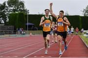 6 July 2019; Callum Crawford-Walker of Annadale Striders, Co. Antrim, right, celebrates winning the U23 800m event, ahead of Roland Surlis of Annalee A.C., Co. Cavan, during the Irish Life Health Junior and U23 Outdoor Track and Field Championships at Tullamore Harriers Stadium, Tullamore in Offaly. Photo by Sam Barnes/Sportsfile