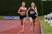 6 July 2019; Sarah Healy of Blackrock A.C., Co. Dublin, right, on her way to winning the Junior 800m ahead of Jo Keane of Ennis Track A.C., Co. Clare, during the Irish Life Health Junior and U23 Outdoor Track and Field Championships at Tullamore Harriers Stadium, Tullamore in Offaly. Photo by Sam Barnes/Sportsfile