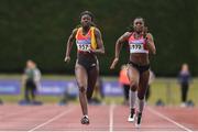 6 July 2019; Rhasidat Adeleke of Tallaght A.C., Co.Dublin, left, on her way to winning the Junior 100m event, ahead of Patience Jumbo-Gula of Dundalk St. Gerards A.C., Co. Louth, right, who finished second, during the Irish Life Health Junior and U23 Outdoor Track and Field Championships at Tullamore Harriers Stadium, Tullamore in Offaly. Photo by Sam Barnes/Sportsfile