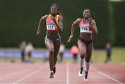 6 July 2019; Rhasidat Adeleke of Tallaght A.C., Co.Dublin, left, on her way to winning the Junior 100m event, ahead of Patience Jumbo-Gula of Dundalk St. Gerards A.C., Co. Louth, right, who finished second, during the Irish Life Health Junior and U23 Outdoor Track and Field Championships at Tullamore Harriers Stadium, Tullamore in Offaly. Photo by Sam Barnes/Sportsfile