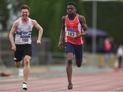 6 July 2019; Reality Osuoha of Fingallians A.C., Co.Dublin, right, on his way to winning the Junior 100m event, ahead of John Grant of Celbridge A.C., Co.Kildare, during the Irish Life Health Junior and U23 Outdoor Track and Field Championships at Tullamore Harriers Stadium, Tullamore in Offaly. Photo by Sam Barnes/Sportsfile