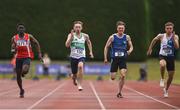 6 July 2019; Athletes, from left, Tolunabori Akinola of Fingallians A.C., Co.Dublin, Michael Farrelly of Raheny Shamrock A.C., Co. Dublin, Cillian Griffin of Tralee Harriers A.C., Co. Kerry, and Aaron Keane of Tullamore Harriers A.C., Co.Offaly, competing in the Junior 100m event    during the Irish Life Health Junior and U23 Outdoor Track and Field Championships at Tullamore Harriers Stadium, Tullamore in Offaly. Photo by Sam Barnes/Sportsfile