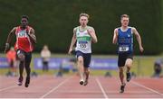 6 July 2019; Athletes, from left, Tolunabori Akinola of Fingallians A.C., Co.Dublin, Michael Farrelly of Raheny Shamrock A.C., Co. Dublin and Cillian Griffin of Tralee Harriers A.C., Co. Kerry, competing in the Junior 100m event during the Irish Life Health Junior and U23 Outdoor Track and Field Championships at Tullamore Harriers Stadium, Tullamore in Offaly. Photo by Sam Barnes/Sportsfile