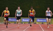 6 July 2019; Mark Smyth of Raheny Shamrock A.C., Co.Dublin, centre left, on his way to winning the U23 100m event, ahead of Eoin Doherty of Tallaght A.C., Co. Dublin, left, Joseph Olalekan Ojemumi of Tallaght A.C., Co.Dublin, centre right, and Paul McDermott of Donore Harriers, Co. Dublin, right, during the Irish Life Health Junior and U23 Outdoor Track and Field Championships at Tullamore Harriers Stadium, Tullamore in Offaly. Photo by Sam Barnes/Sportsfile