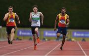 6 July 2019; Mark Smyth of Raheny Shamrock A.C., Co.Dublin, centre, on his way to winning the U23 100m event, ahead of Eoin Doherty of Tallaght A.C., Co. Dublin, left, and Joseph Olalekan Ojemumi of Tallaght A.C., Co.Dublin, right, during the Irish Life Health Junior and U23 Outdoor Track and Field Championships at Tullamore Harriers Stadium, Tullamore in Offaly. Photo by Sam Barnes/Sportsfile