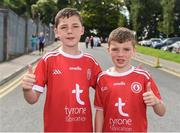 6 July 2019; Tyrone supporters Oisin and Finn Carson from Newtownbutler before the GAA Football All-Ireland Senior Championship Round 4 match between Cavan and Tyrone at St. Tiernach's Park in Clones, Monaghan. Photo by Oliver McVeigh/Sportsfile