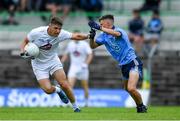 6 July 2019; Kevin Eustace of Kildare in action against David O'Dowd of Dublin during the Electric Ireland Leinster GAA Football Minor Championship Final match between Dublin and Kildare at Páirc Tailteann in Navan, Meath. Photo by Piaras Ó Mídheach/Sportsfile