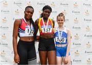 6 July 2019;  Junior Women 100m medallists, from left, Patience Jumbo-Gula of Dundalk St. Gerards A.C., Co. Louth, silver, Rhasidat Adeleke of Tallaght A.C., Co. Dublin, gold, and Alannah McGuiness of Carrick-on-Shannon A.C., Co. Leitrim, bronze, during the Irish Life Health Junior and U23 Outdoor Track and Field Championships at Tullamore Harriers Stadium, Tullamore in Offaly. Photo by Sam Barnes/Sportsfile