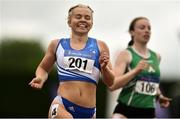 6 July 2019; Molly Scott of St. Laurence O'Toole A.C., Co.Carlow, after winning the U23 100m hurdles during the Irish Life Health Junior and U23 Outdoor Track and Field Championships at Tullamore Harriers Stadium, Tullamore in Offaly. Photo by Sam Barnes/Sportsfile