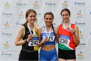 6 July 2019; Junior women 1500m medallists, from left, Annie McEvoy of Kilkenny City Harriers A.C., Co.Kilkenny, silver, Ava O'Connor of Tullamore Harriers AC, Co. Offaly, Gold, and Saoirse O'Brien of Westport A.C., Co. Mayo, bronze during the Irish Life Health Junior and U23 Outdoor Track and Field Championships at Tullamore Harriers Stadium, Tullamore in Offaly. Photo by Sam Barnes/Sportsfile