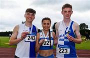 6 July 2019; Tullamore Harriers Athletes, from left, James Dunne, Ava O'Connor and Ronan Hyland, pose for a picture with their medals during the Irish Life Health Junior and U23 Outdoor Track and Field Championships at Tullamore Harriers Stadium, Tullamore in Offaly. Photo by Sam Barnes/Sportsfile
