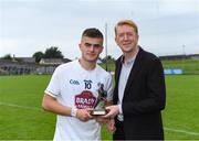 6 July 2019; Bill Boucher of Electric Ireland presents Aaron Browne of Kildare with the Player of the Match award for his major performance in the Electric Ireland GAA Leinster Minor Football Championship Final. Throughout the Championships, fans can follow the conversation, vote for their player of the week, support the Minors and be a part of something major through the hashtag #GAAThisIsMajor. Electric Ireland Leinster GAA Football Minor Championship Final match between Dublin and Kildare at Páirc Tailteann in Navan, Meath. Photo by Piaras Ó Mídheach/Sportsfile