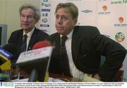 31 October 2003; Republic of Ireland Under-20 manager Gerry Smith pictured with Brendan McKenna, FAI Press Officer, at a press conference where he named his squad of players for the World Youth Championship finals which will be played in the United Arab Emirates between November 27 and December 19, 2003. FAI Headquarters, 80 Merrion Square, Dublin 2. Picture credit; Damien Eagers / SPORTSFILE *EDI*