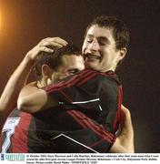 31 October 2003; Dave Morrison and Colin Hawkins, Bohemians, celebrates after their team-mate Glen Crowe  scored his sides first goal. eircom League Premier Division, Bohemians v Cork City, Dalymount Park, Dublin. Soccer. Picture credit; David Maher / SPORTSFILE *EDI*