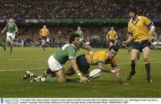 1 November 2003; Shane Horgan, Ireland, in action against Joe Roff, Australia, before just failing to touch down for a try. 2003 Rugby World Cup, Pool A, Ireland v Australia, Telstra Dome, Melbourne, Victoria, Australia. Picture credit; Brendan Moran / SPORTSFILE *EDI*