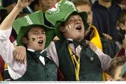 1 November 2003; Two Irish fans sing Ireland's Call before the game. 2003 Rugby World Cup, Pool A, Ireland v Australia, Telstra Dome, Melbourne, Victoria, Australia. Picture credit; Ray McManus / SPORTSFILE *EDI*
