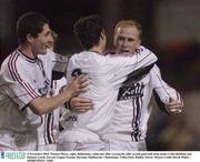 4 November 2003; Thomas Heary, right, Bohemians, celebrates after scoring his sides second goal with team-mates Colin Hawkins and Damien Lynch. Eircom League Premier Division, Shelbourne v Bohemians, Tolka Park, Dublin. Soccer. Picture credit; David Maher / SPORTSFILE *EDI*