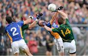 15 June 2013; Damian Power and Ciaran Hyland, 2, Wicklow, in action against Stephen Bray, 14, and Peadar Byrne, Meath. Leinster GAA Football Senior Championship Quarter-Final, Wicklow v Meath, County Grounds, Aughrim, Co. Wicklow. Picture credit: Matt Browne / SPORTSFILE