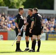 15 June 2013; Referee Brian Gavin, centre, consults with stand by referee Barry Kelly and linesman David Hughes before issuing two yellow cards. Leinster GAA Hurling Senior Championship Quarter-Final Replay, Dublin v Wexford, Parnell Park, Dublin. Picture credit: Ray McManus / SPORTSFILE