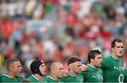 15 June 2013;  Ireland players from right, Devin Toner, Kevin McLaughlin, Fergus McFadden, Richardt Strauss, Isaac Boss and Ian Madigan, line up before the start of the game. Canada v Ireland, Ireland Rugby Summer Tour 2013, BMO Field, Toronto, Ontario, Canada. Picture credit: David Maher / SPORTSFILE