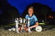 8 July 2019; #FollowOurJourney: The journey to Croke Park for the participating contenders in the 2019 TG4 Ladies Football Championships begins on Saturday, 13 July. Senior Champions Dublin will feature on a LIVE TG4 double-bill when they take on Munster runners-up Waterford, while Connacht Champions Galway are up against Kerry. 17 Championship games will be broadcast exclusively on TG4 throughout the summer, with the Senior and Intermediate championships to be played once again on a round-robin basis. You can follow the journey of all 32 teams involved in the Senior, Intermediate and Junior Championships, as they aim to make it Croke Park for TG4 All-Ireland Finals Sunday on 15 September. A number of top inter-county stars travelled to the spectacular Ballynahinch Castle Hotel in county Galway to mark the beginning of the TG4 All-Ireland series. Pictured is Carla Rowe of Dublin with the Brendan Martin Cup. #ProperFan. Photo by Brendan Moran/Sportsfile