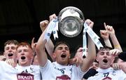 6 July 2019; Kildare joint captain Kevin Eustace lifts the Fr Larry Murphy Cup after the Electric Ireland Leinster GAA Football Minor Championship Final match between Dublin and Kildare at Páirc Tailteann in Navan, Meath. Photo by Piaras Ó Mídheach/Sportsfile