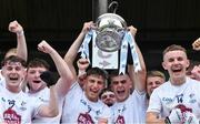 6 July 2019; Kildare joint captains Kevin Eustace, left, and Aaron Browne lift the Fr Larry Murphy Cup after the Electric Ireland Leinster GAA Football Minor Championship Final match between Dublin and Kildare at Páirc Tailteann in Navan, Meath. Photo by Piaras Ó Mídheach/Sportsfile