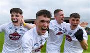 6 July 2019; Kildare players, from left, Jack Quinn, Oisín O'Rourke, Aaron Browne, and Ryan Comeau celebrate after the Electric Ireland Leinster GAA Football Minor Championship Final match between Dublin and Kildare at Páirc Tailteann in Navan, Meath. Photo by Piaras Ó Mídheach/Sportsfile