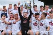 6 July 2019; Kildare goalkeeper Cian Burke and his team-mates celebrate with the Fr Larry Murphy Cup after the Electric Ireland Leinster GAA Football Minor Championship Final match between Dublin and Kildare at Páirc Tailteann in Navan, Meath. Photo by Piaras Ó Mídheach/Sportsfile