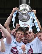 6 July 2019; Kildare joint captains Kevin Eustace, left, and Aaron Browne lift the Fr Larry Murphy Cup after the Electric Ireland Leinster GAA Football Minor Championship Final match between Dublin and Kildare at Páirc Tailteann in Navan, Meath. Photo by Piaras Ó Mídheach/Sportsfile