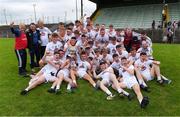 6 July 2019; Kildare players and backroom staff celebrate with the Fr Larry Murphy Cup after the Electric Ireland Leinster GAA Football Minor Championship Final match between Dublin and Kildare at Páirc Tailteann in Navan, Meath. Photo by Piaras Ó Mídheach/Sportsfile