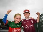 6 July 2019; Grace O'Sullivan, left, from the Mayo side of Cong, with Conor Kerrigan right, from the Galway side of Cong, prior to the GAA Football All-Ireland Senior Championship Round 4 match between Galway and Mayo at the LIT Gaelic Grounds in Limerick. Photo by Eóin Noonan/Sportsfile