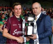 6 July 2019; Galway captain Tracey Leonard is presented with the cup by Liam McDonagh, President of the Connacht Council, after the 2019 TG4 Connacht Ladies Senior Football Final replay between Galway and Mayo at the LIT Gaelic Grounds in Limerick. Photo by Brendan Moran/Sportsfile