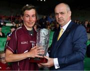 6 July 2019; Galway captain Tracey Leonard is presented with the TG4 Player of the Match by Liam McDonagh, President of the Connacht Council, after the 2019 TG4 Connacht Ladies Senior Football Final replay between Galway and Mayo at the LIT Gaelic Grounds in Limerick. Photo by Brendan Moran/Sportsfile