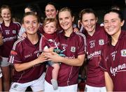 6 July 2019; Barbara Hannon of Galway, centre, and her son Miko, celebrate with team-mates, including, from left, Sinead Burke, sister Lucy Hannon and Charlotte Cooney after the 2019 TG4 Connacht Ladies Senior Football Final replay between Galway and Mayo at the LIT Gaelic Grounds in Limerick. Photo by Brendan Moran/Sportsfile