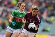 6 July 2019; Tracey Leonard of Galway in action against Ciara McManamon of Mayo during the 2019 TG4 Connacht Ladies Senior Football Final replay between Galway and Mayo at the LIT Gaelic Grounds in Limerick. Photo by Brendan Moran/Sportsfile