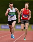6 July 2019; Paul Costelloe of Emerald A.C., Co. Limerick, left, on his way to winning the U23 200m, ahead of Cathal Crosbie of Ennis Track A.C., Co. Clare, who finished third,  during the Irish Life Health Junior and U23 Outdoor Track and Field Championships at Tullamore Harriers Stadium, Tullamore in Offaly. Photo by Sam Barnes/Sportsfile