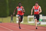 6 July 2019; Tolunabori Akinola of Fingallians A.C., Co. Dublin, left, on his way to winning the Junior 200m event during the Irish Life Health Junior and U23 Outdoor Track and Field Championships at Tullamore Harriers Stadium, Tullamore in Offaly. Photo by Sam Barnes/Sportsfile