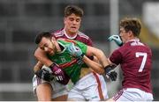 6 July 2019; Kevin McLoughlin of Mayo in action against Seán Kelly, left and John Daly of Galway during the GAA Football All-Ireland Senior Championship Round 4 match between Galway and Mayo at the LIT Gaelic Grounds in Limerick. Photo by Eóin Noonan/Sportsfile